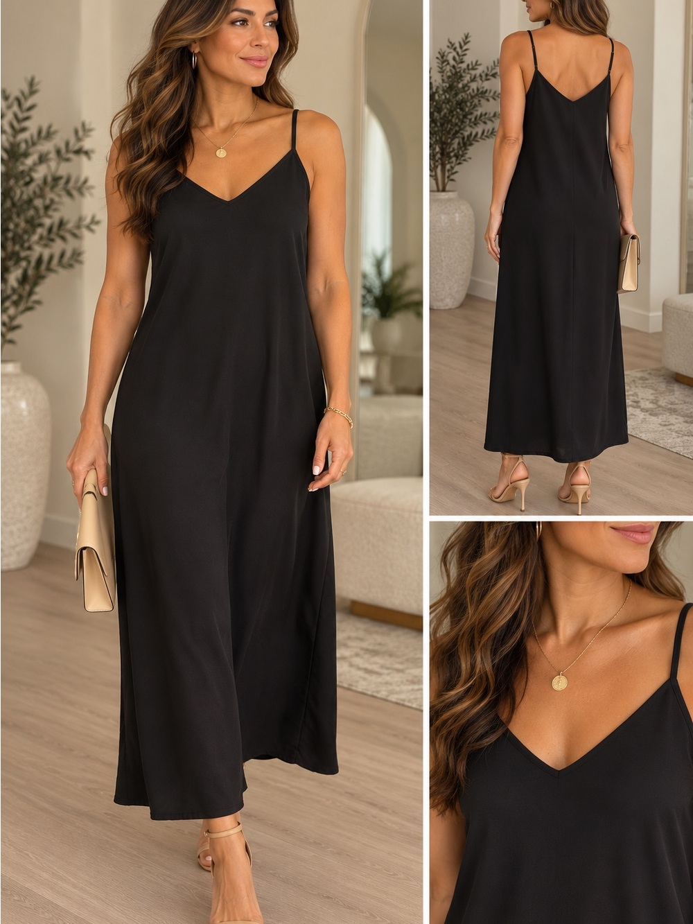 A New Day Black Midi Slip Dress Size M V Neck Spaghetti Strap
